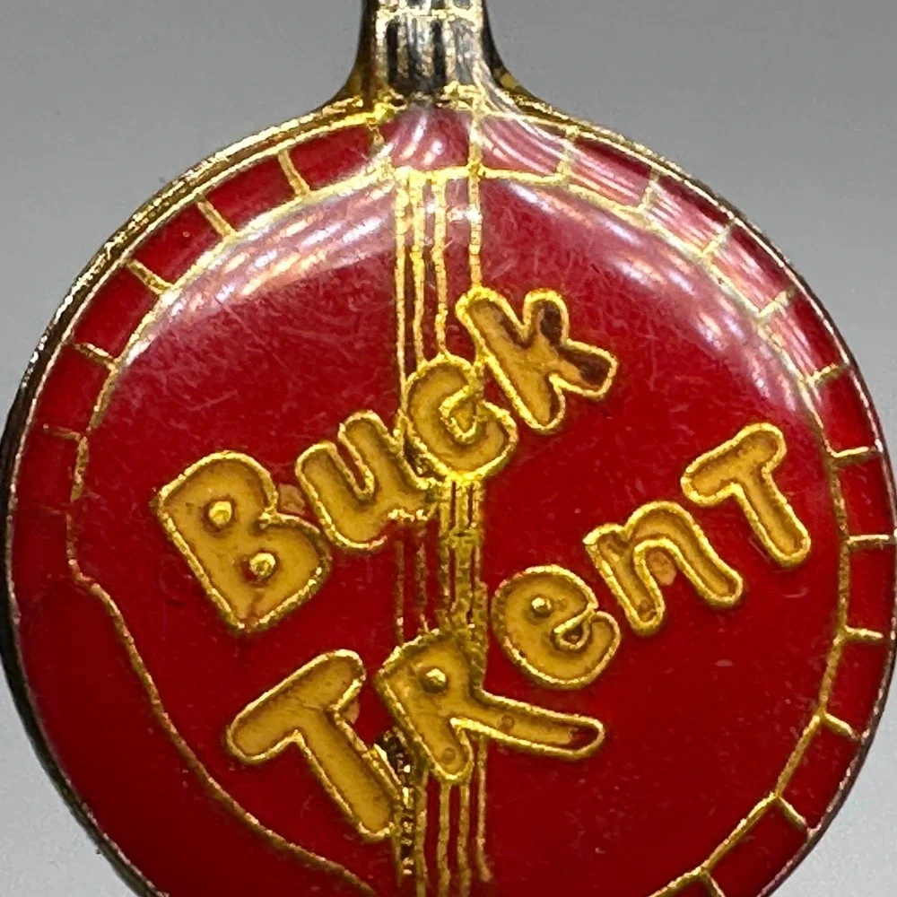 VTG‎ Buck Trent Banjo Guitar Lapel Pin Red Gold-Tone 2in Country Folk Blue Grass